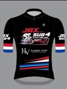 The official Jax Sub 4 event jersey in black with red, white, and blue accents and the Harbor View sponsor logo.