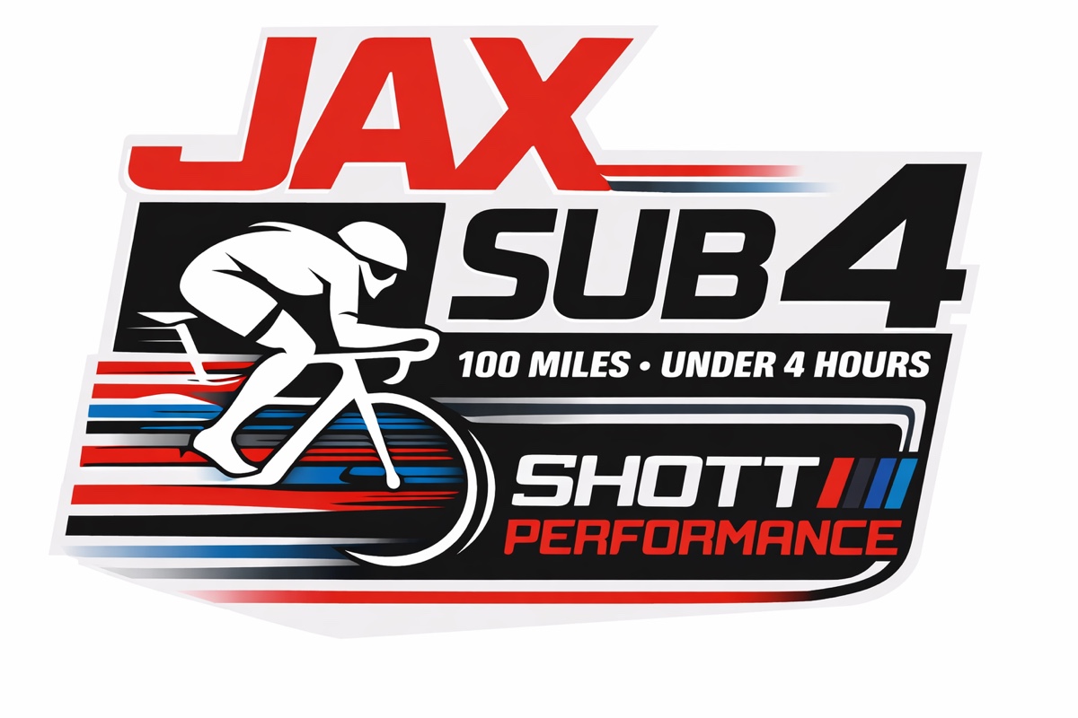Jax Sub 4 event logo — 100 miles, under 4 hours, presented by Shott Performance.